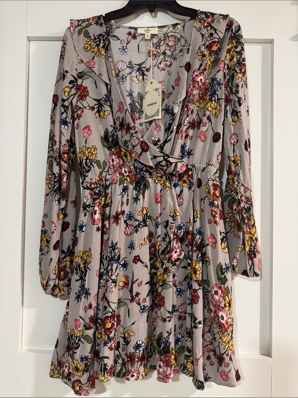 entro Women’s Floral Wrap L/S Mini Dress in Gray w/Maroon, Yellow & Blue Accents
